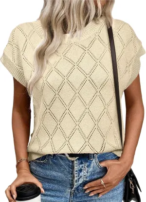 SHEWIN Womens Summer Tops Casual Crewneck Short Sleeve Shirts Cable Knit Lightweight Loose Pullover Sweater