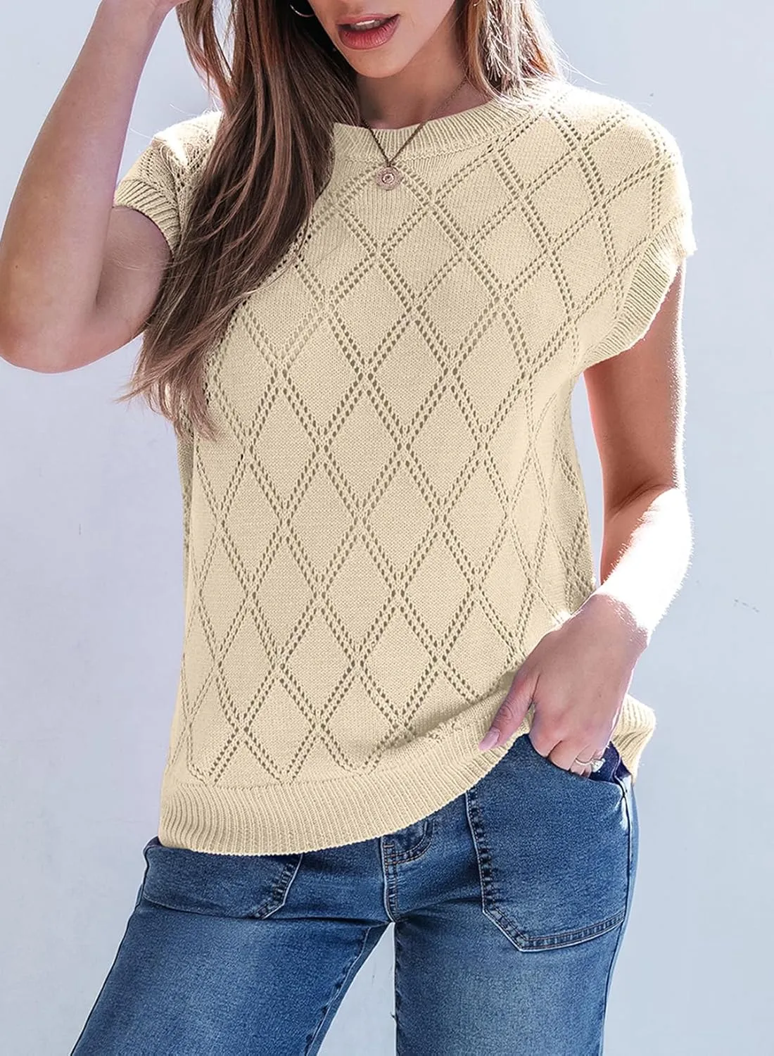 SHEWIN Womens Summer Tops Casual Crewneck Short Sleeve Shirts Cable Knit Lightweight Loose Pullover Sweater
