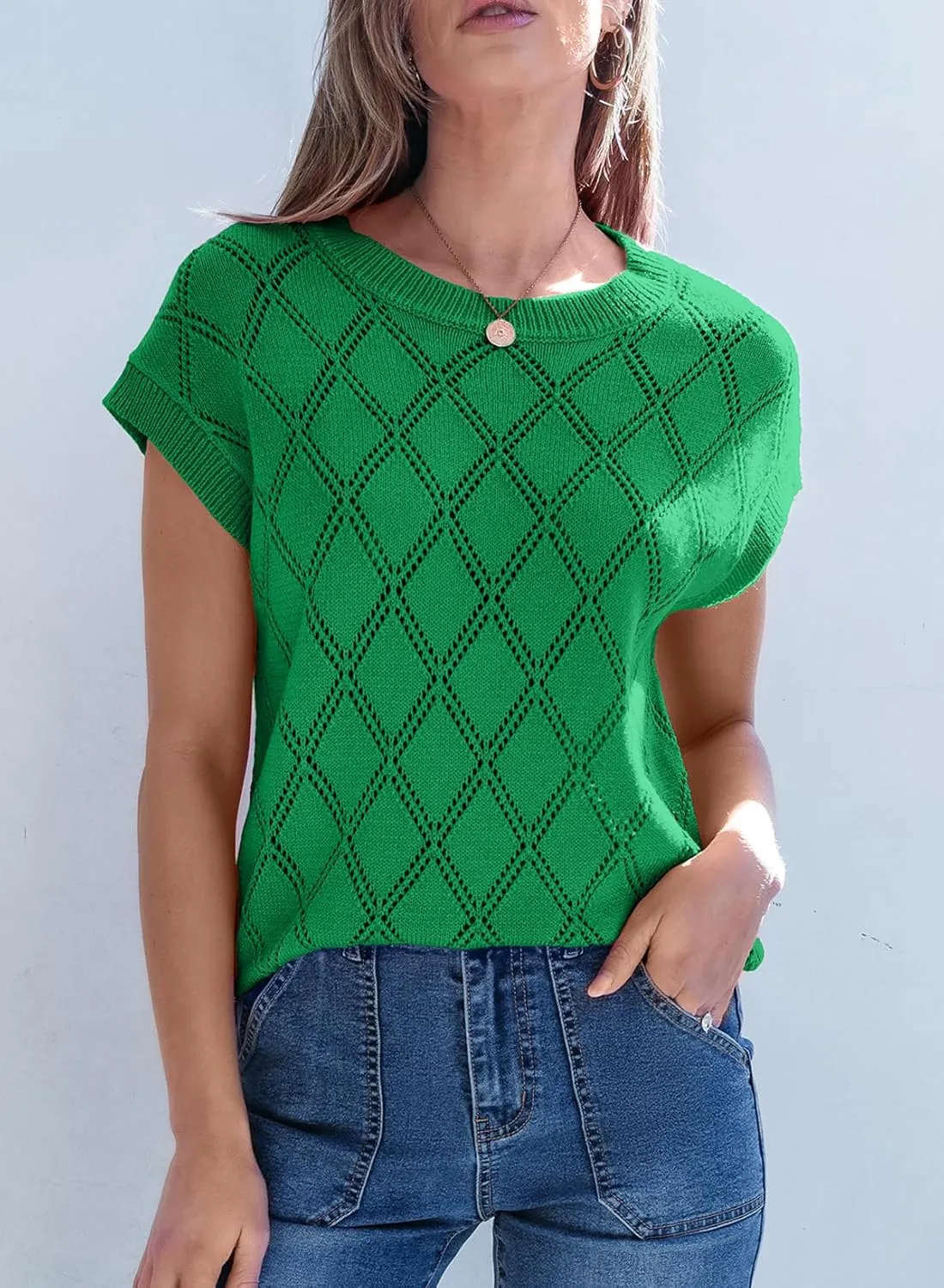 SHEWIN Womens Summer Tops Casual Crewneck Short Sleeve Shirts Cable Knit Lightweight Loose Pullover Sweater