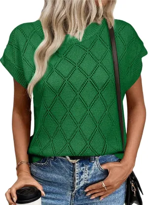 SHEWIN Womens Summer Tops Casual Crewneck Short Sleeve Shirts Cable Knit Lightweight Loose Pullover Sweater
