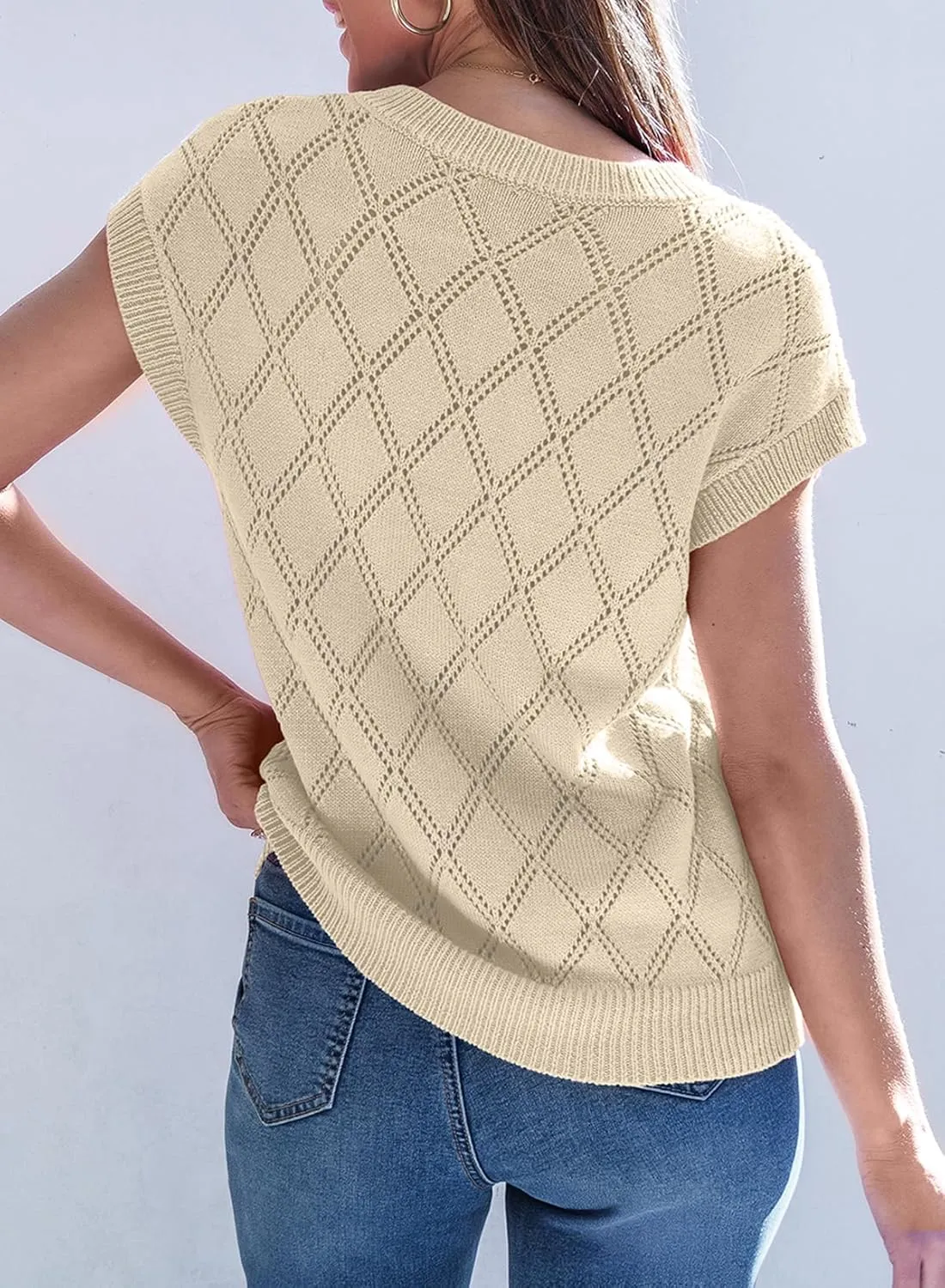 SHEWIN Womens Summer Tops Casual Crewneck Short Sleeve Shirts Cable Knit Lightweight Loose Pullover Sweater