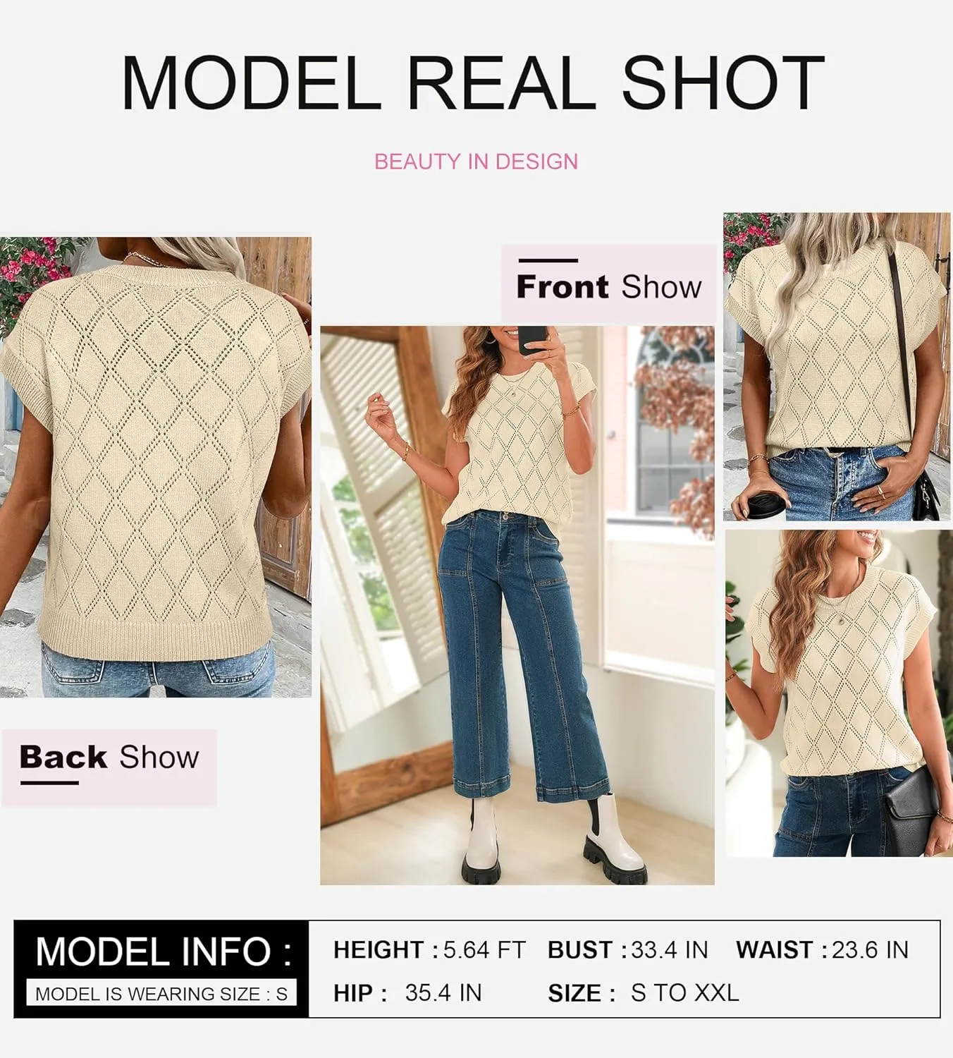 SHEWIN Womens Summer Tops Casual Crewneck Short Sleeve Shirts Cable Knit Lightweight Loose Pullover Sweater