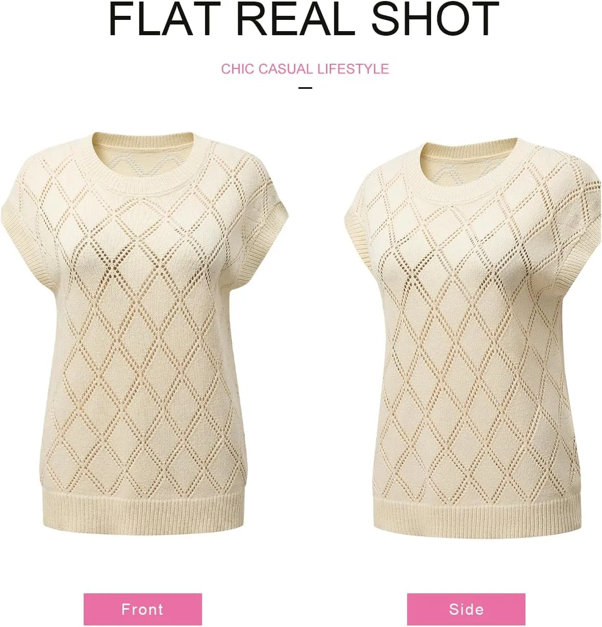 SHEWIN Womens Summer Tops Casual Crewneck Short Sleeve Shirts Cable Knit Lightweight Loose Pullover Sweater