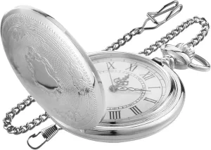 Silvery Smooth Shield Round Case Quartz Pocket Watch Roman Numeral White Dial Quartz Movement Pocket Watches with Belt Clip Chain-Silvery