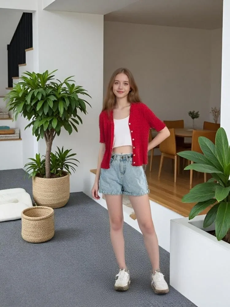 Simple&Opulence Womens Short Sleeve Cardigans V Neck Summer Sweater Lightweight Open Front Button Shrugs Cable Knit Top