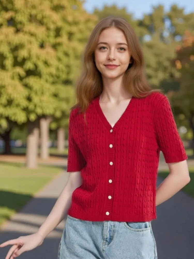 Simple&Opulence Womens Short Sleeve Cardigans V Neck Summer Sweater Lightweight Open Front Button Shrugs Cable Knit Top
