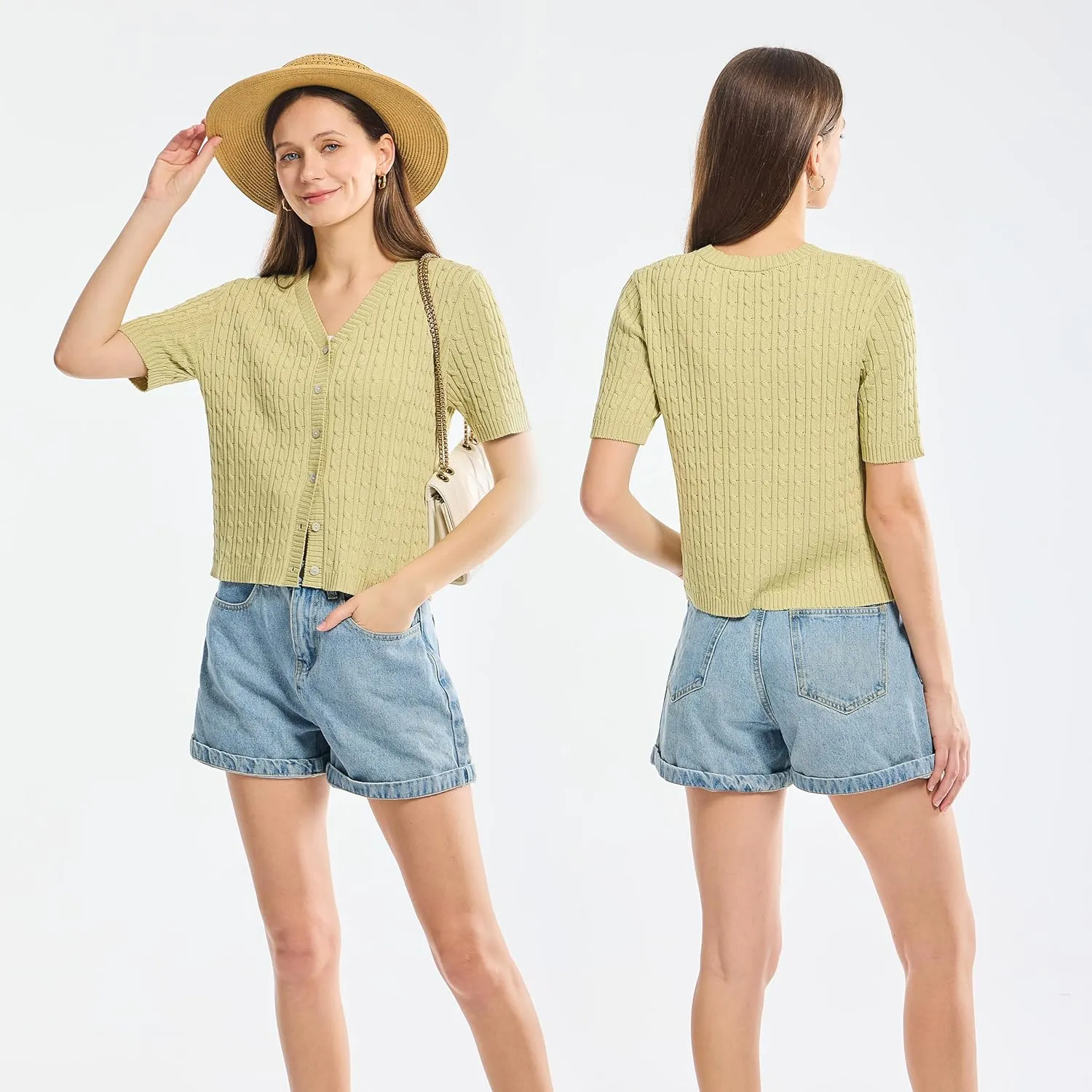 Simple&Opulence Womens Short Sleeve Cardigans V Neck Summer Sweater Lightweight Open Front Button Shrugs Cable Knit Top