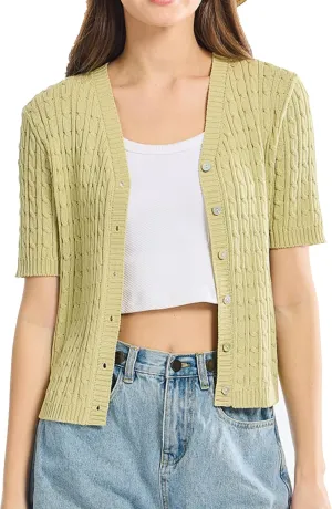 Simple&Opulence Womens Short Sleeve Cardigans V Neck Summer Sweater Lightweight Open Front Button Shrugs Cable Knit Top