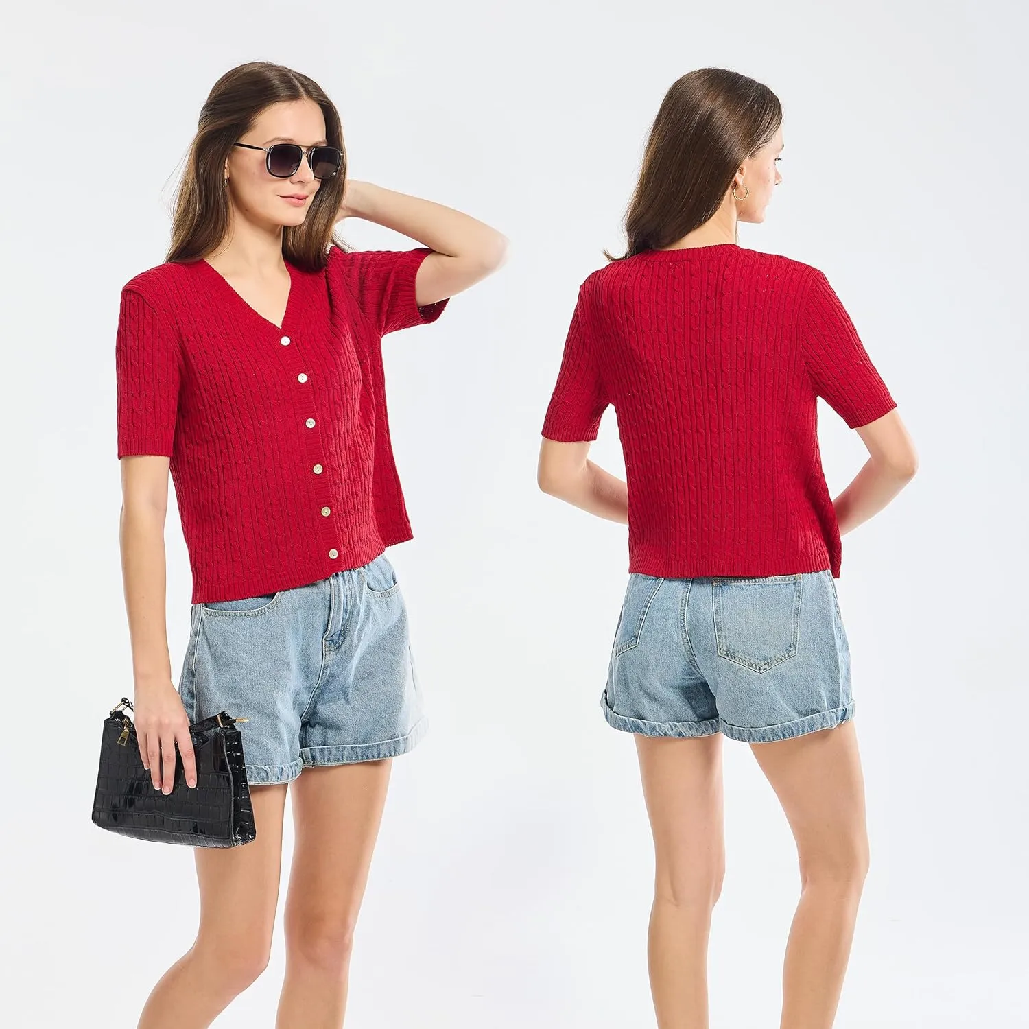 Simple&Opulence Womens Short Sleeve Cardigans V Neck Summer Sweater Lightweight Open Front Button Shrugs Cable Knit Top