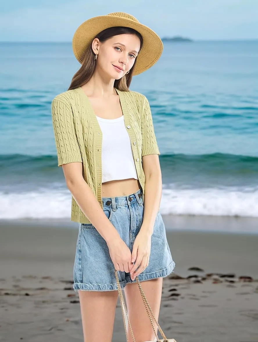 Simple&Opulence Womens Short Sleeve Cardigans V Neck Summer Sweater Lightweight Open Front Button Shrugs Cable Knit Top