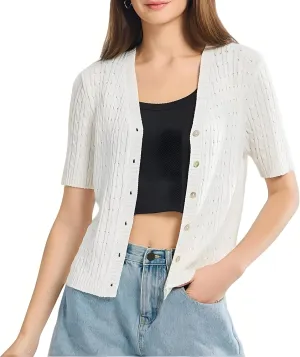 Simple&Opulence Womens Short Sleeve Cardigans V Neck Summer Sweater Lightweight Open Front Button Shrugs Cable Knit Top