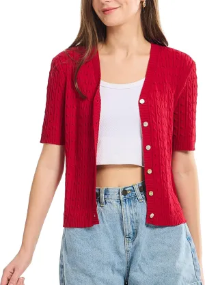 Simple&Opulence Womens Short Sleeve Cardigans V Neck Summer Sweater Lightweight Open Front Button Shrugs Cable Knit Top