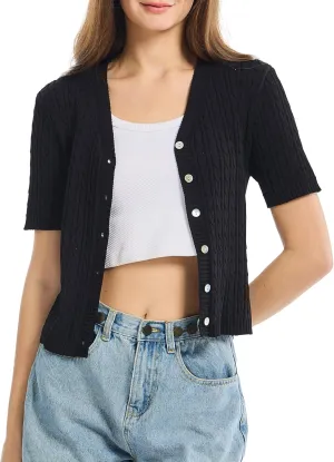 Simple&Opulence Womens Short Sleeve Cardigans V Neck Summer Sweater Lightweight Open Front Button Shrugs Cable Knit Top