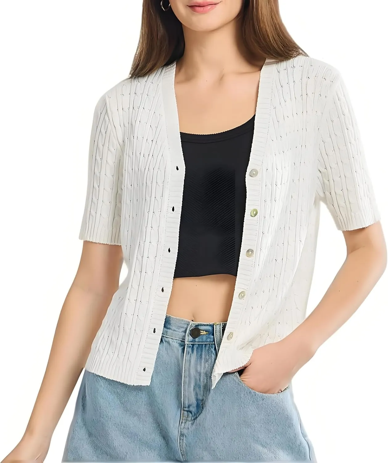 Simple&Opulence Womens Short Sleeve Cardigans V Neck Summer Sweater Lightweight Open Front Button Shrugs Cable Knit Top