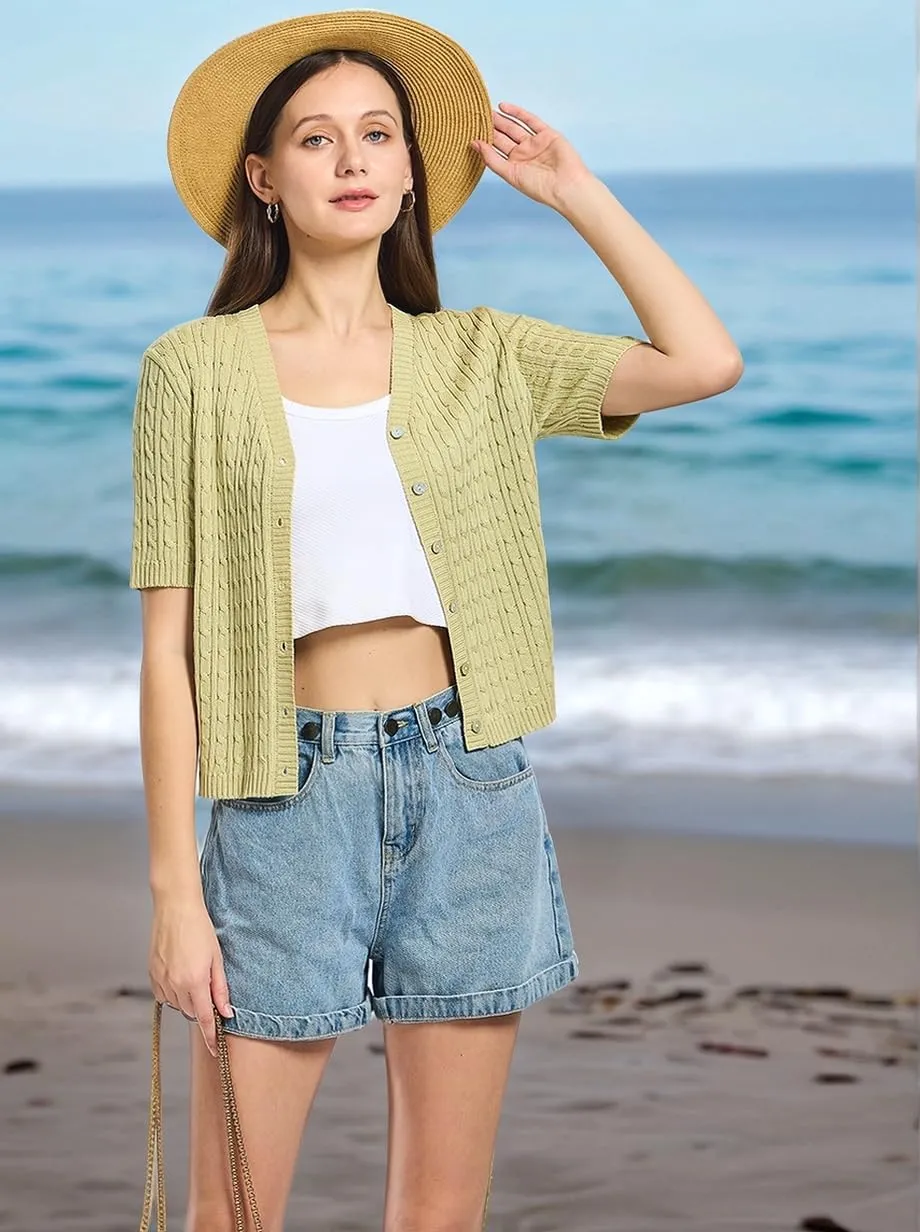Simple&Opulence Womens Short Sleeve Cardigans V Neck Summer Sweater Lightweight Open Front Button Shrugs Cable Knit Top