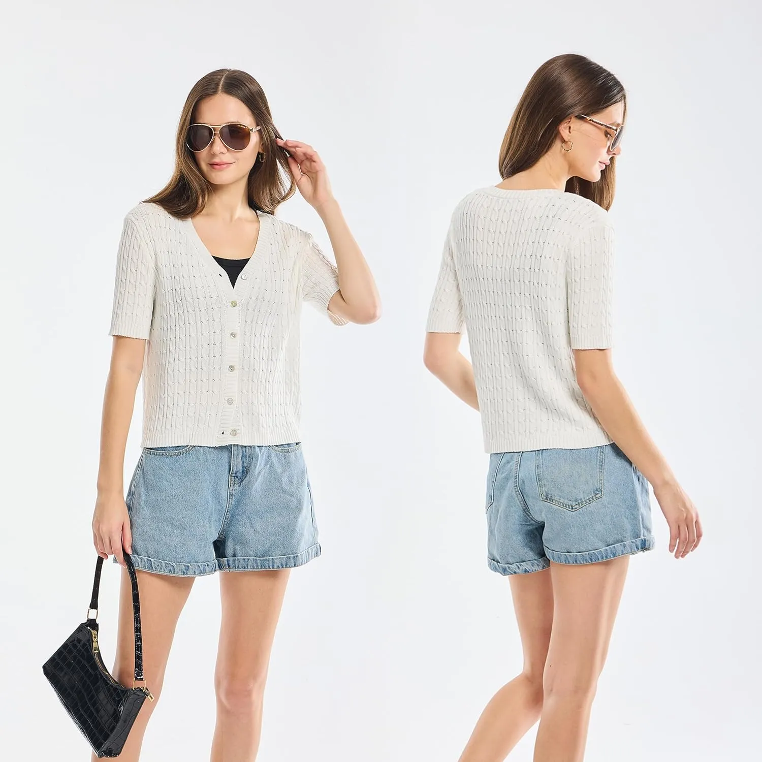 Simple&Opulence Womens Short Sleeve Cardigans V Neck Summer Sweater Lightweight Open Front Button Shrugs Cable Knit Top