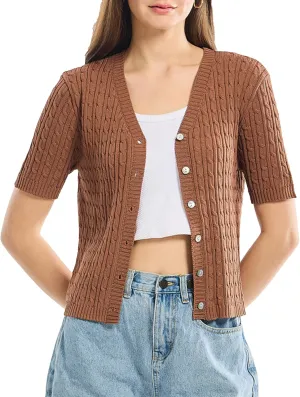 Simple&Opulence Womens Short Sleeve Cardigans V Neck Summer Sweater Lightweight Open Front Button Shrugs Cable Knit Top