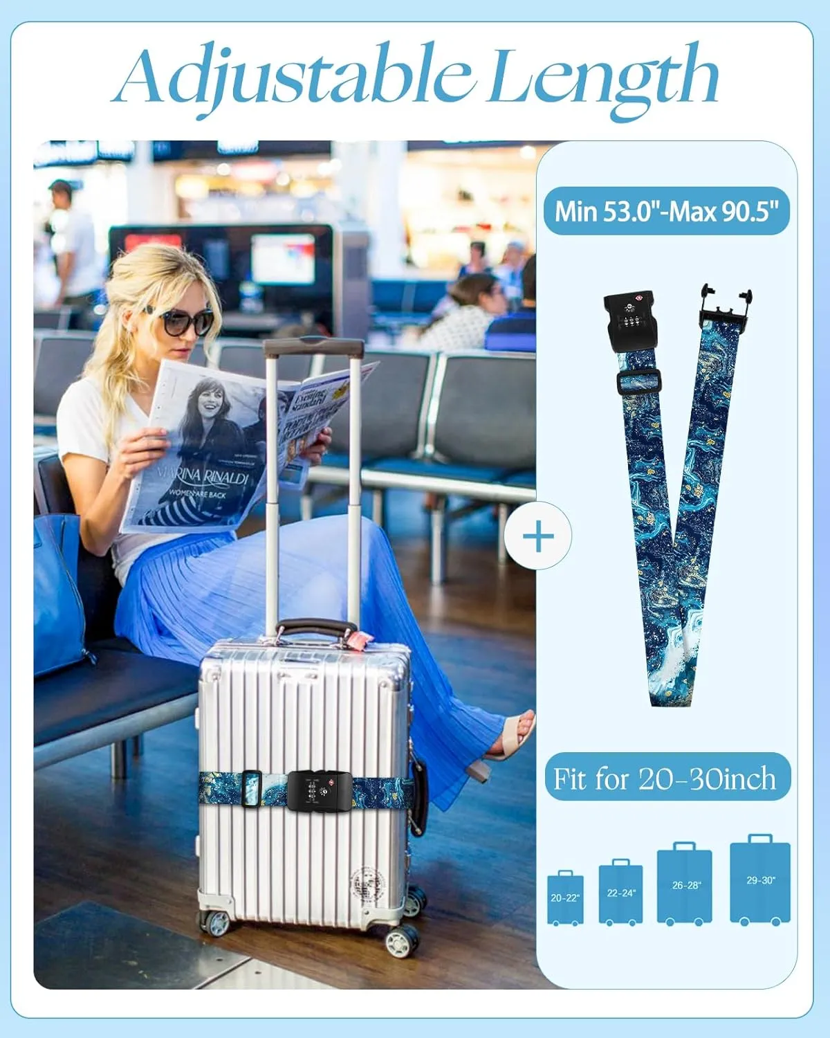 Slohif Luggage Straps TSA Lock for Suitcases - Travel Belt TSA Approved Accessories Luggage Identifiers Carry On Bag with Buckle Nylon Adjustable Band for Add a Bag Sea Wave