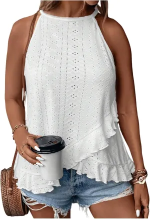 SOLY HUX Women's Plus Size Ruffle Halter Top Sleeveless Eyelet Flowy Summer Vacation Camisole