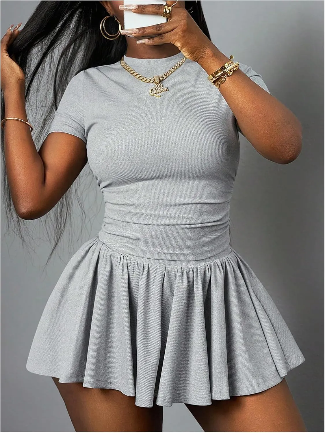 SOLY HUX Women's Y2k Skirt Set Short Sleeve Crop Top and Mini Skirts with Built in Short Summer Two Piece Outfits