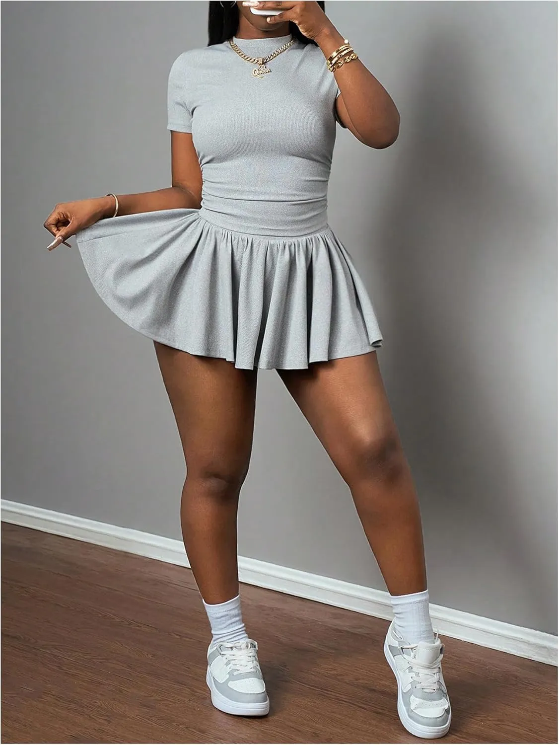 SOLY HUX Women's Y2k Skirt Set Short Sleeve Crop Top and Mini Skirts with Built in Short Summer Two Piece Outfits