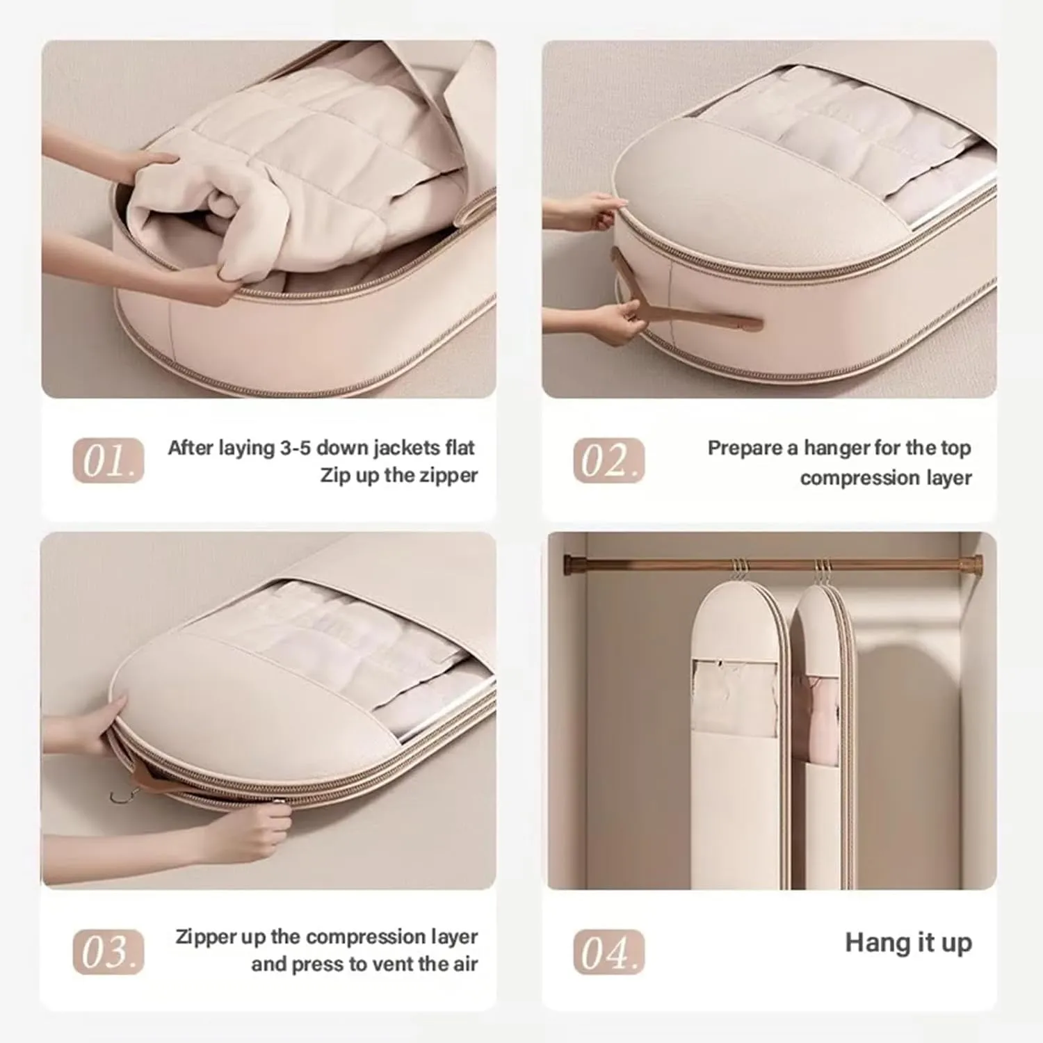 Space Saving Hanging Garment Bag with Self Compression Zipper, 2025 Upgrade Closet Organizer, Ideal for Down Coat Storage with Dust Cover (Beige, M35.43 * 22.83 * 5.91In)