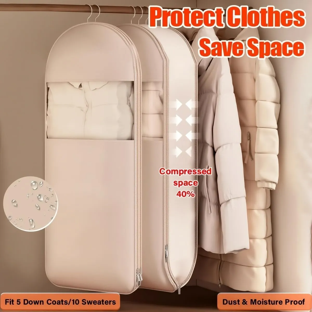 Space Saving Hanging Garment Bag with Self Compression Zipper, 2025 Upgrade Closet Organizer, Ideal for Down Coat Storage with Dust Cover (Beige, M35.43 * 22.83 * 5.91In)