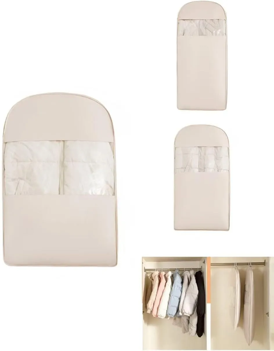 Space Saving Hanging Garment Bag with Self Compression Zipper, 2025 Upgrade Closet Organizer, Ideal for Down Coat Storage with Dust Cover (Beige, M35.43 * 22.83 * 5.91In)