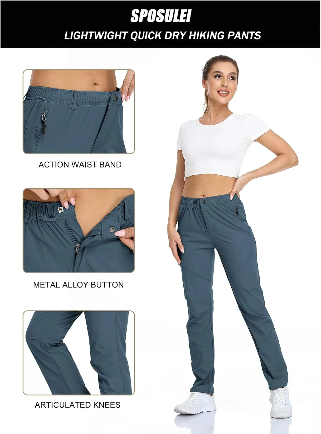 SPOSULEI Womens Summer Lightweight Pants Outdoor Nylon Quick Dry Travel Golf Hiking Sweatpants with Zipper Pockets