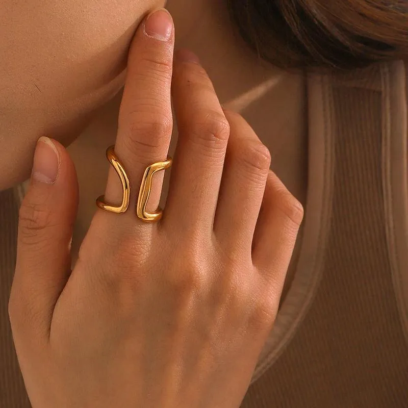 Stainless Steel Minimalist Double Layer Opening Ring 18K Gold Plated
