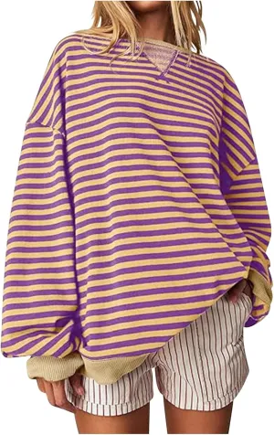 Striped Sweatshirt For Women 2024 Cute Fall Fashion Oversized Long Sleeve Crewneck Pullover Tops Teens y2k Outfits