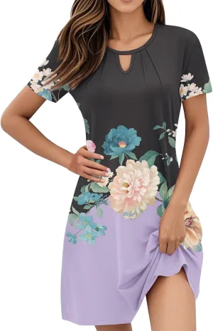Summer Dresses for Women 2025 Floral A-Line Dresses Flowy Short Sleeve T Shirt Dress Casual Loose Beach Mini Dress