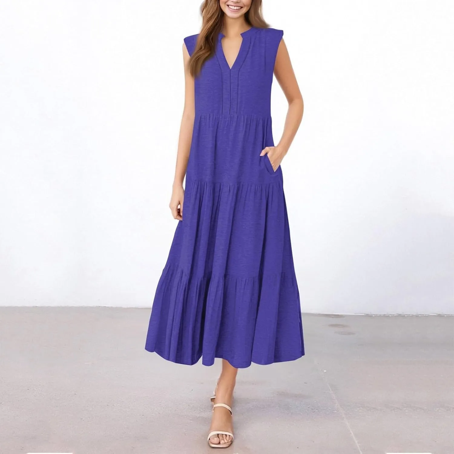 Summer Dresses for Women 2025 Maxi Flowy Casual Boho Sundresses Sleeveless V-Neck Pleated Beach Vacation Tank Dress
