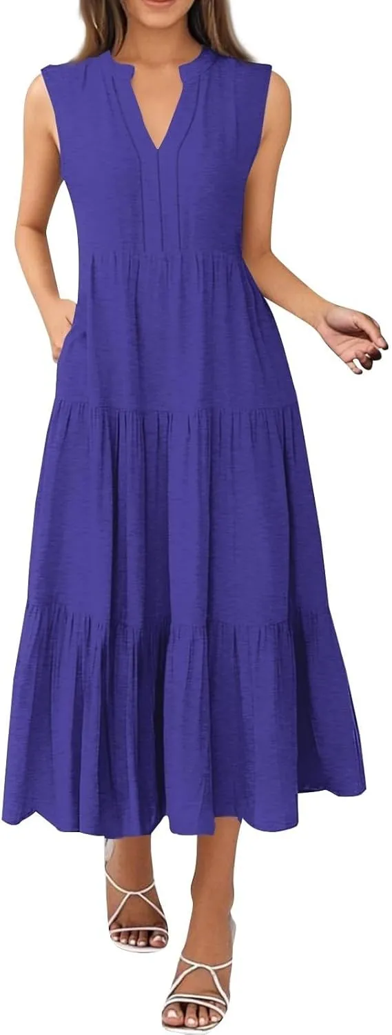 Summer Dresses for Women 2025 Maxi Flowy Casual Boho Sundresses Sleeveless V-Neck Pleated Beach Vacation Tank Dress