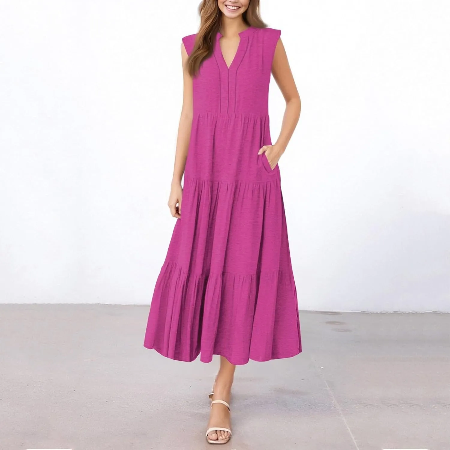 Summer Dresses for Women 2025 Maxi Flowy Casual Boho Sundresses Sleeveless V-Neck Pleated Beach Vacation Tank Dress