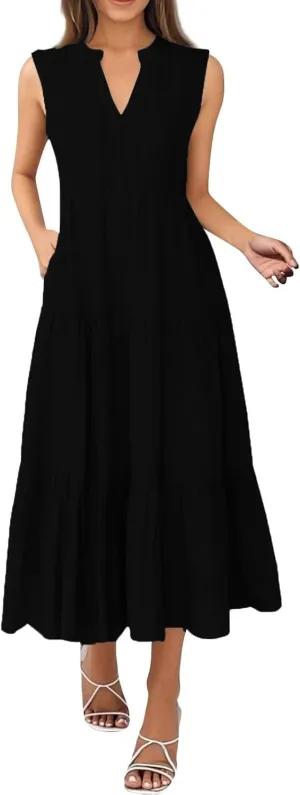 Summer Dresses for Women 2025 Maxi Flowy Casual Boho Sundresses Sleeveless V-Neck Pleated Beach Vacation Tank Dress