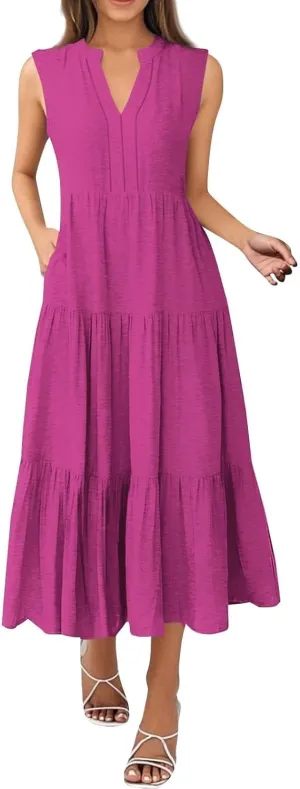 Summer Dresses for Women 2025 Maxi Flowy Casual Boho Sundresses Sleeveless V-Neck Pleated Beach Vacation Tank Dress
