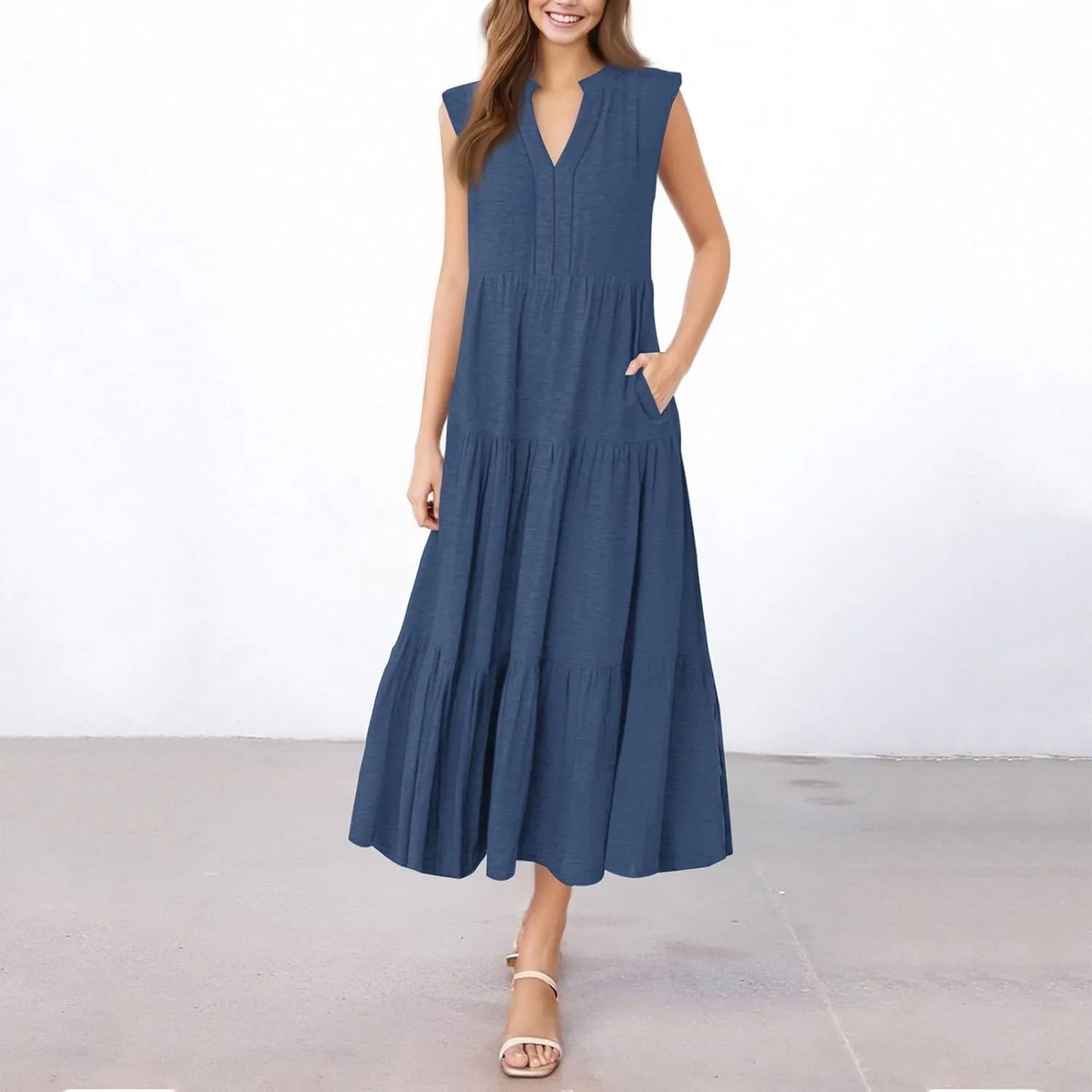 Summer Dresses for Women 2025 Maxi Flowy Casual Boho Sundresses Sleeveless V-Neck Pleated Beach Vacation Tank Dress