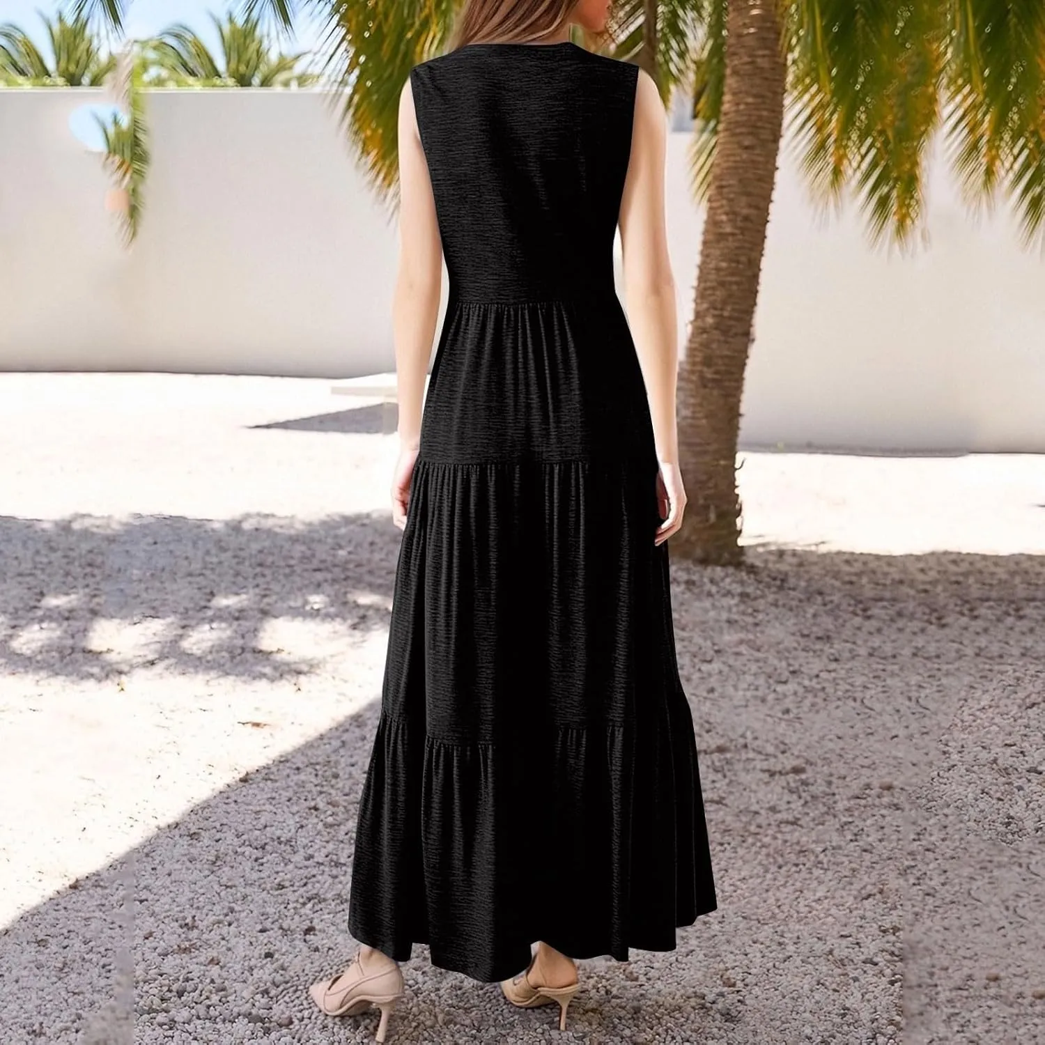 Summer Dresses for Women 2025 Maxi Flowy Casual Boho Sundresses Sleeveless V-Neck Pleated Beach Vacation Tank Dress