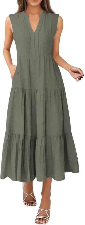 Summer Dresses for Women 2025 Maxi Flowy Casual Boho Sundresses Sleeveless V-Neck Pleated Beach Vacation Tank Dress