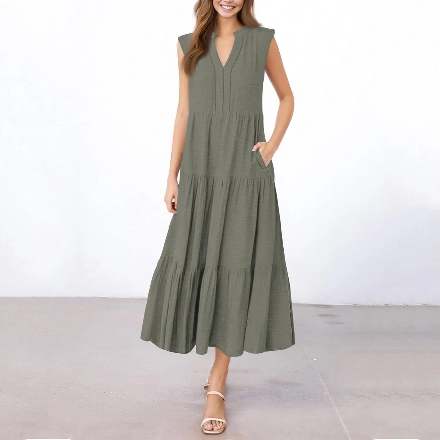 Summer Dresses for Women 2025 Maxi Flowy Casual Boho Sundresses Sleeveless V-Neck Pleated Beach Vacation Tank Dress