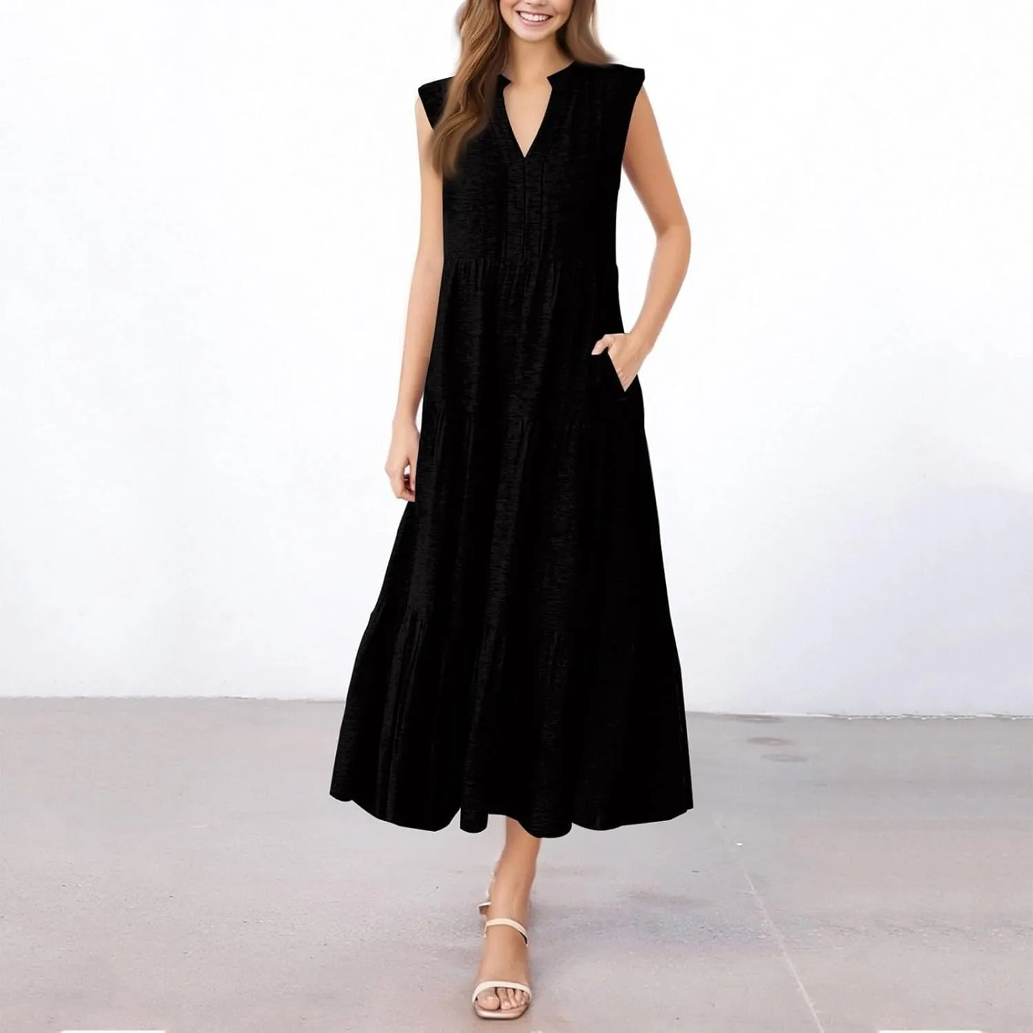 Summer Dresses for Women 2025 Maxi Flowy Casual Boho Sundresses Sleeveless V-Neck Pleated Beach Vacation Tank Dress