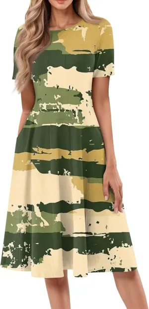 Summer Dresses for Women Beach Aline Midi Dresses Casual Flowy Tshirt Dress Floral Short Sleeve Dress with Pockets