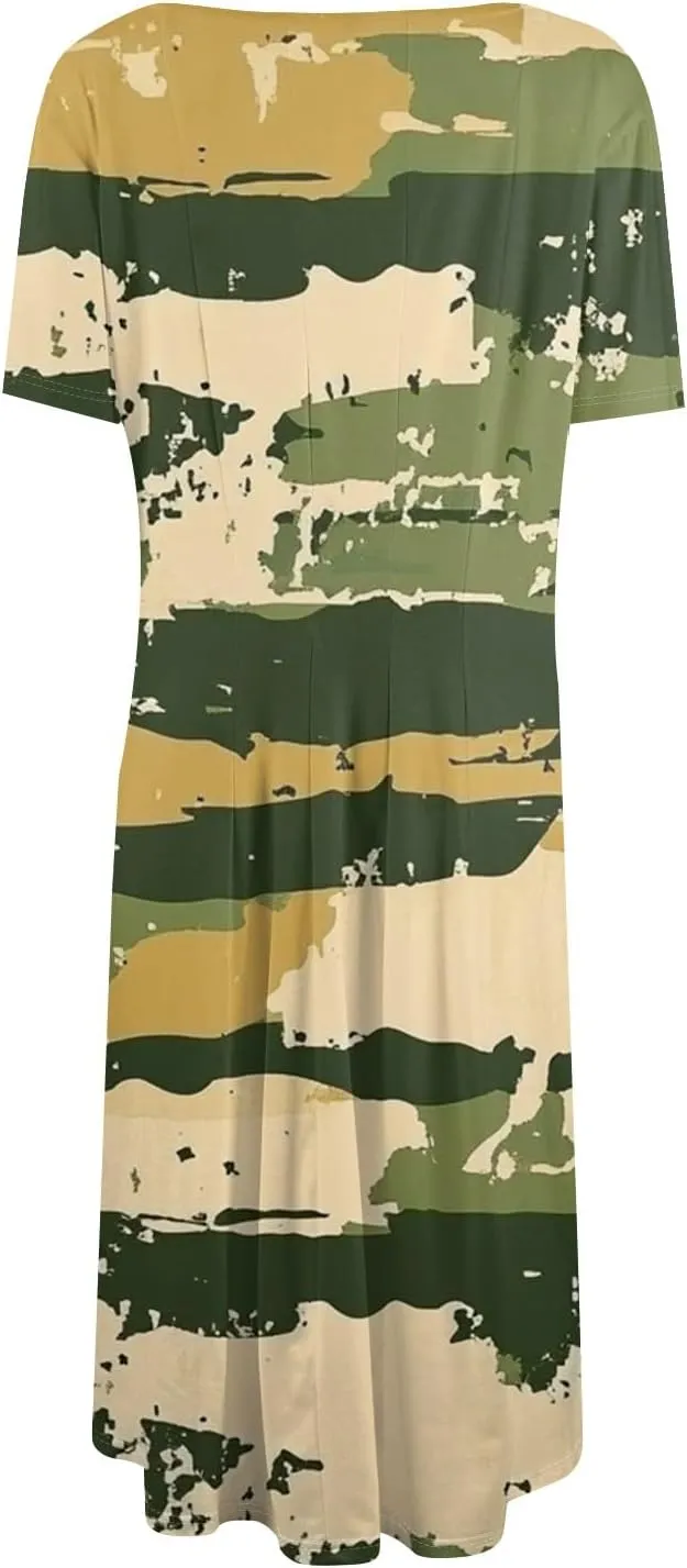 Summer Dresses for Women Beach Aline Midi Dresses Casual Flowy Tshirt Dress Floral Short Sleeve Dress with Pockets