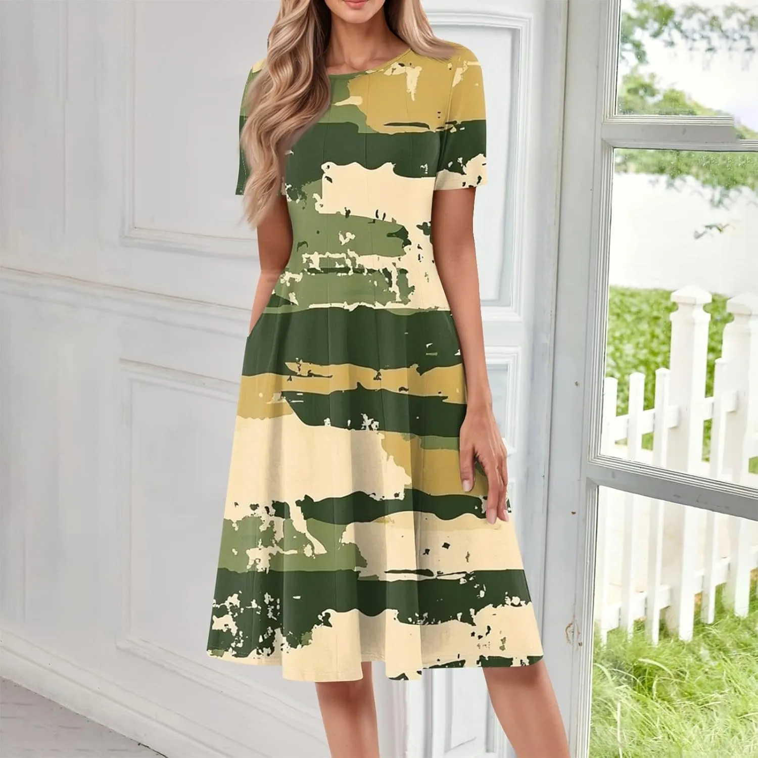 Summer Dresses for Women Beach Aline Midi Dresses Casual Flowy Tshirt Dress Floral Short Sleeve Dress with Pockets