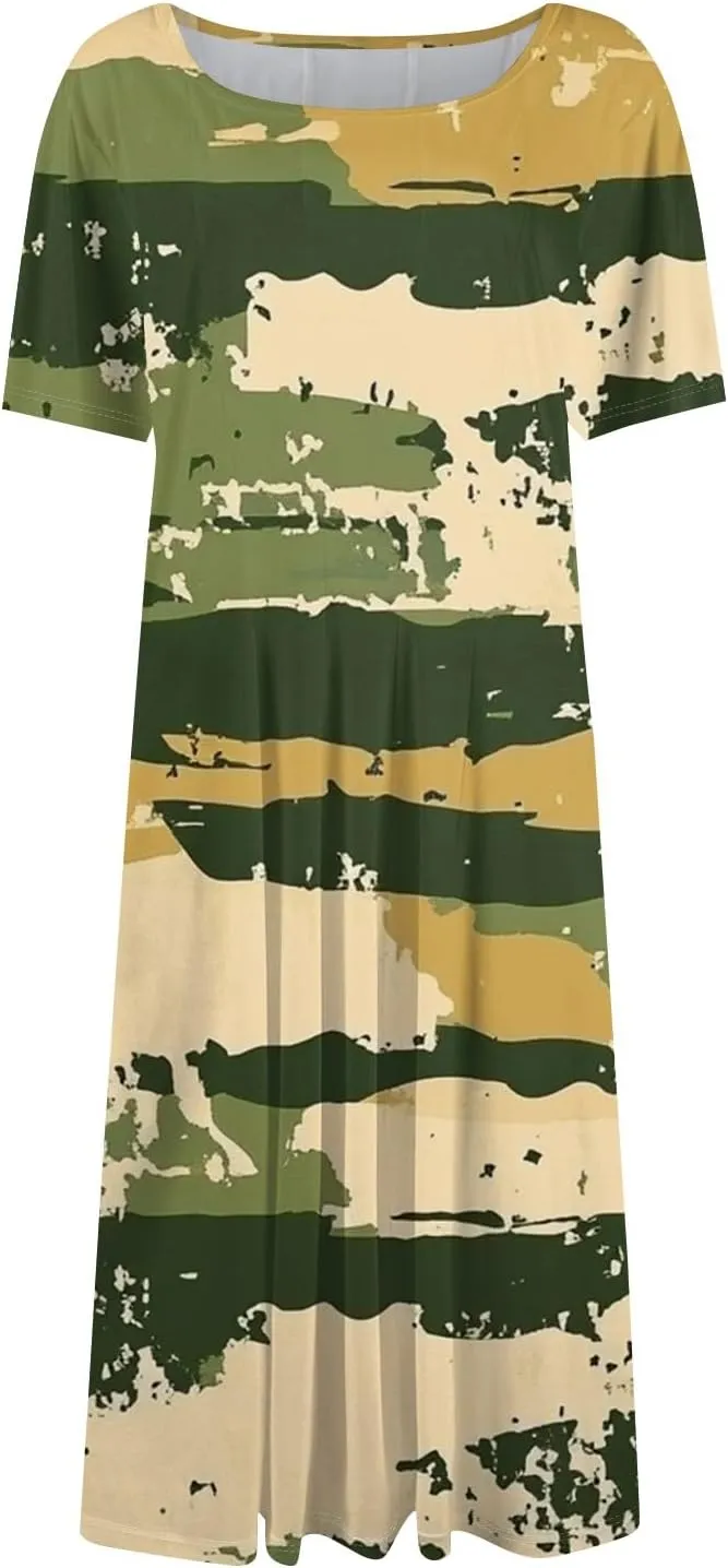 Summer Dresses for Women Beach Aline Midi Dresses Casual Flowy Tshirt Dress Floral Short Sleeve Dress with Pockets