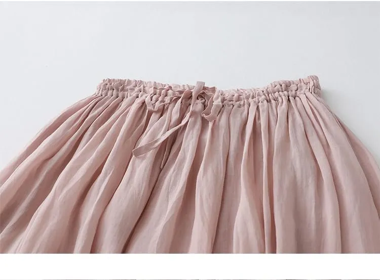 Summer Linen Skirts for Women Casual Elastic Waist Pleated Lace Crochet Tie Knot Flowy Long Skirts
