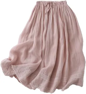 Summer Linen Skirts for Women Casual Elastic Waist Pleated Lace Crochet Tie Knot Flowy Long Skirts