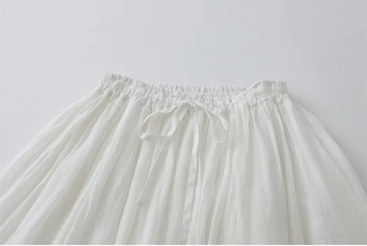 Summer Linen Skirts for Women Casual Elastic Waist Pleated Lace Crochet Tie Knot Flowy Long Skirts