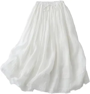 Summer Linen Skirts for Women Casual Elastic Waist Pleated Lace Crochet Tie Knot Flowy Long Skirts